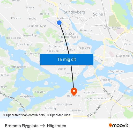 Bromma Flygplats to Hägersten map