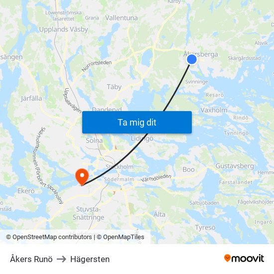 Åkers Runö to Hägersten map