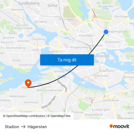 Stadion to Hägersten map