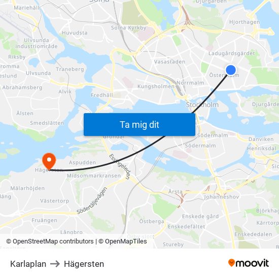 Karlaplan to Hägersten map