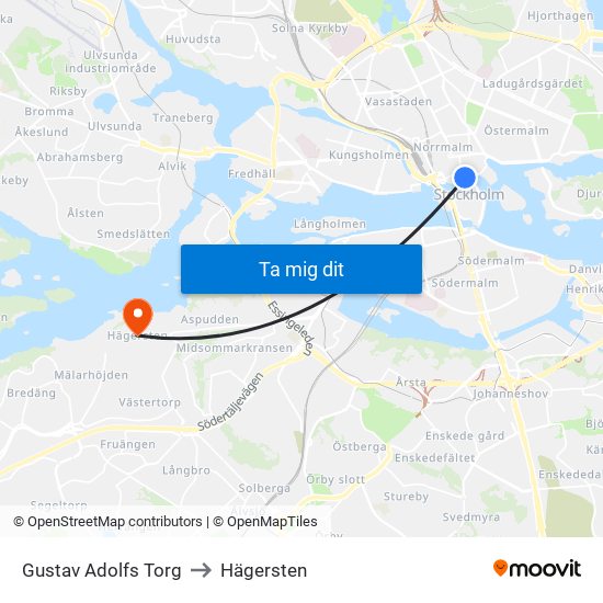 Gustav Adolfs Torg to Hägersten map