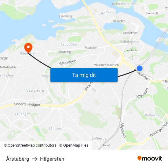 Årstaberg to Hägersten map