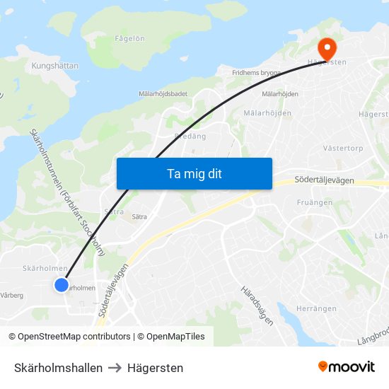 Skärholmshallen to Hägersten map