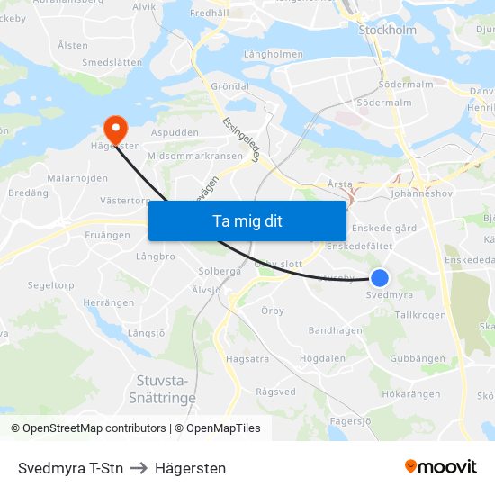 Svedmyra T-Stn to Hägersten map