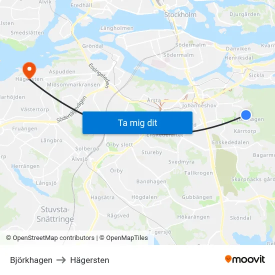 Björkhagen to Hägersten map