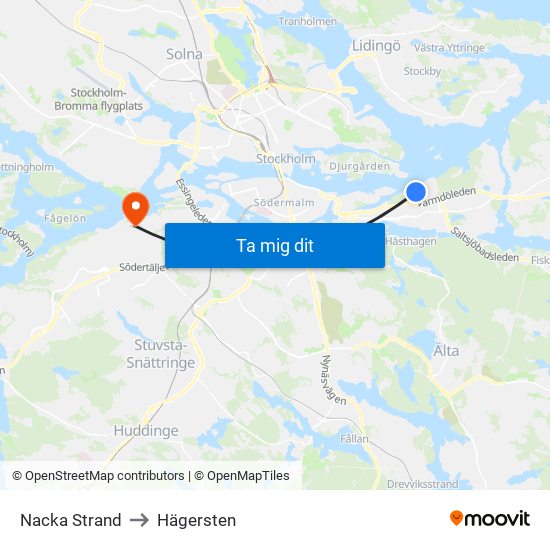 Nacka Strand to Hägersten map