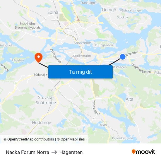 Nacka Forum Norra to Hägersten map