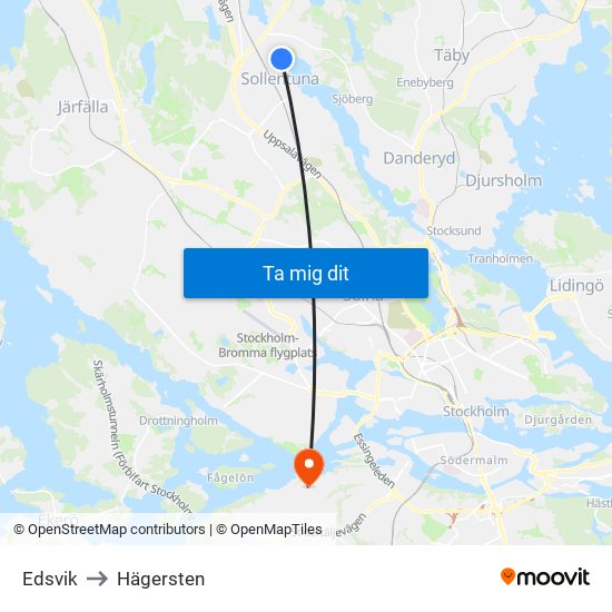 Edsvik to Hägersten map