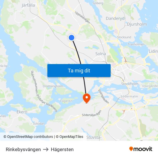 Rinkebysvängen to Hägersten map