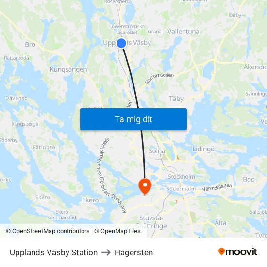 Upplands Väsby Station to Hägersten map