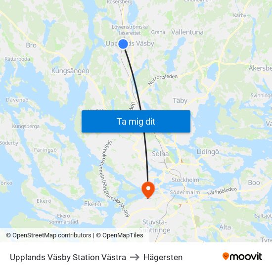 Upplands Väsby Station Västra to Hägersten map