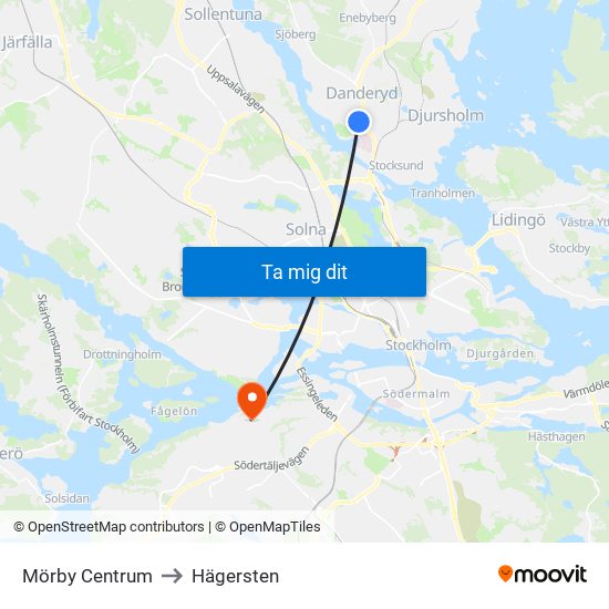 Mörby Centrum to Hägersten map