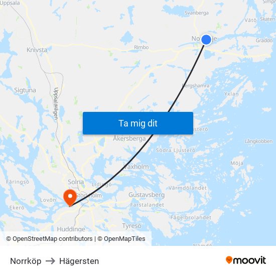 Norrköp to Hägersten map