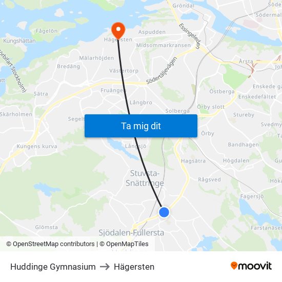 Huddinge Gymnasium to Hägersten map