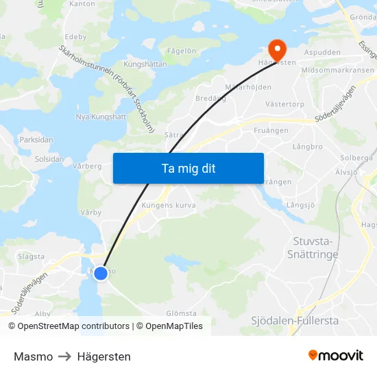 Masmo to Hägersten map