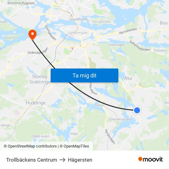 Trollbäckens Centrum to Hägersten map