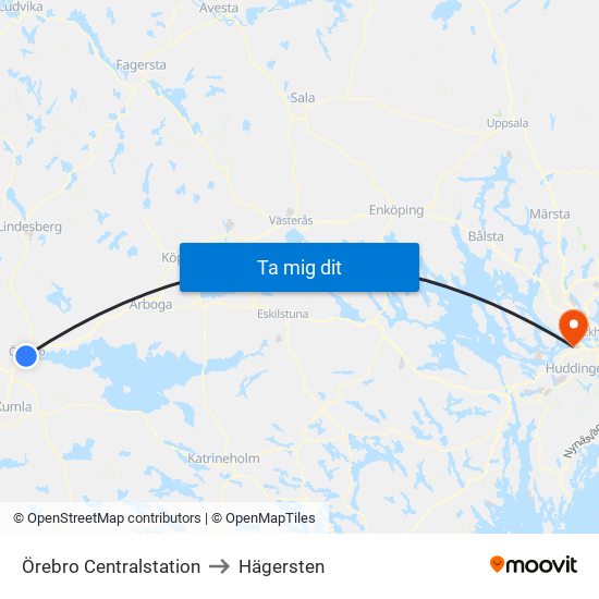 Örebro Centralstation to Hägersten map