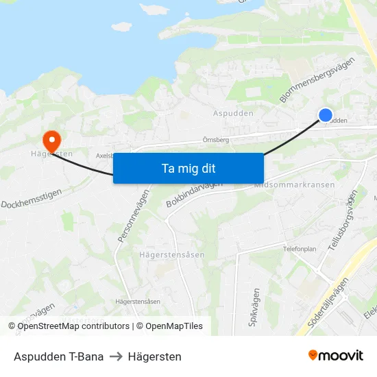 Aspudden T-Bana to Hägersten map