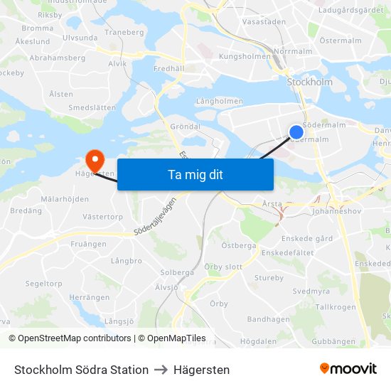 Stockholm Södra Station to Hägersten map