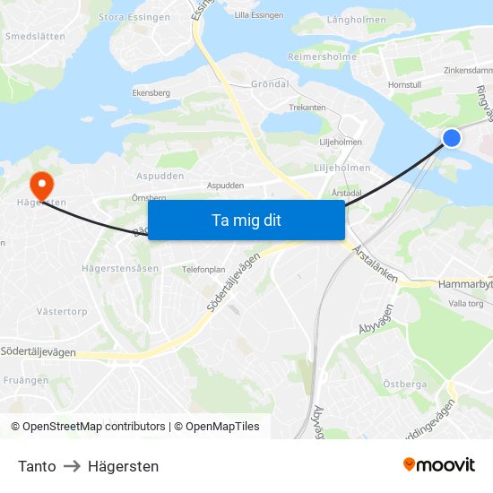 Tanto to Hägersten map