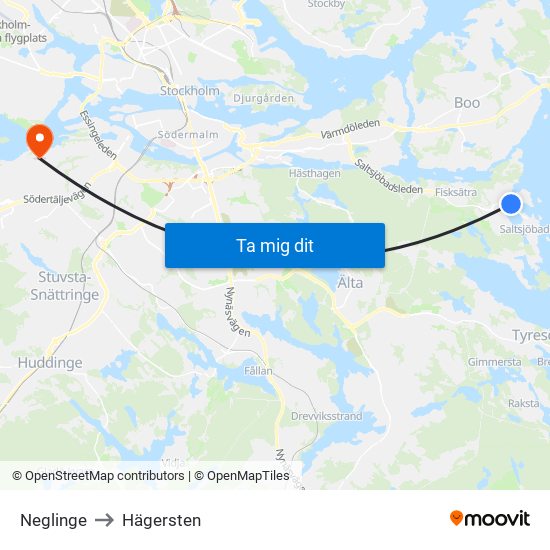 Neglinge to Hägersten map