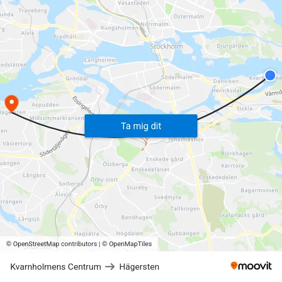 Kvarnholmens Centrum to Hägersten map