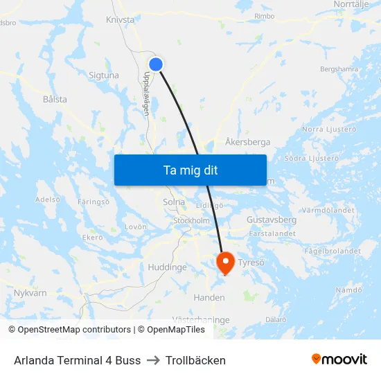 Arlanda Terminal 4 Buss to Trollbäcken map