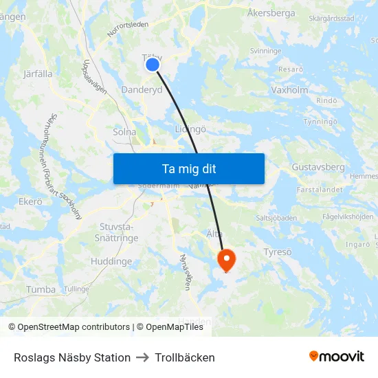 Roslags Näsby Station to Trollbäcken map