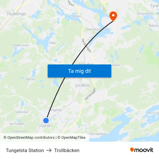 Tungelsta Station to Trollbäcken map