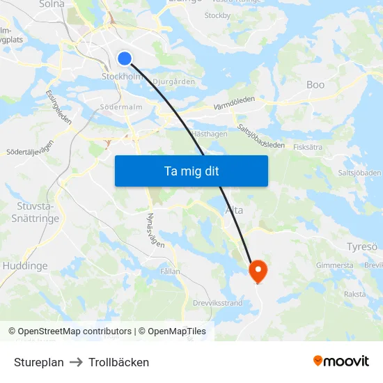 Stureplan to Trollbäcken map
