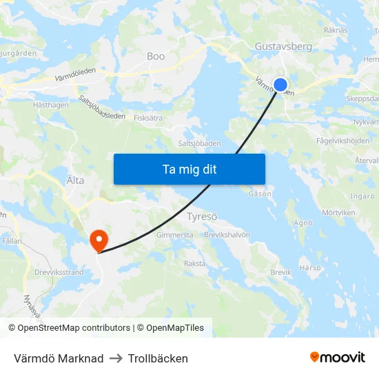 Värmdö Marknad to Trollbäcken map