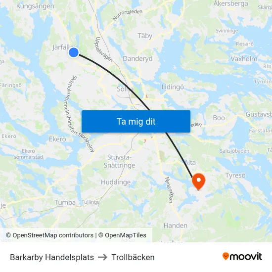 Barkarby Handelsplats to Trollbäcken map