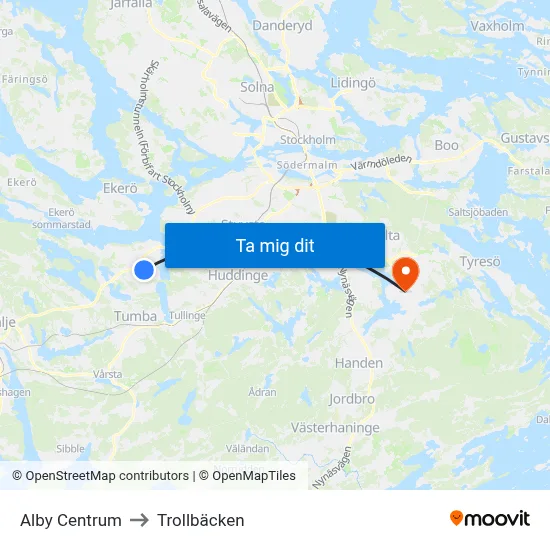 Alby Centrum to Trollbäcken map