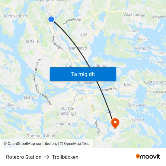 Rotebro Station to Trollbäcken map