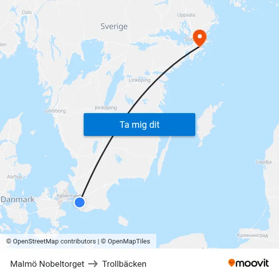 Malmö Nobeltorget to Trollbäcken map