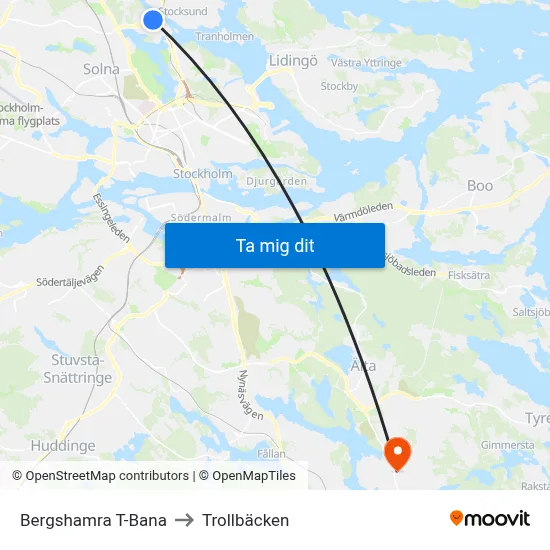 Bergshamra T-Bana to Trollbäcken map