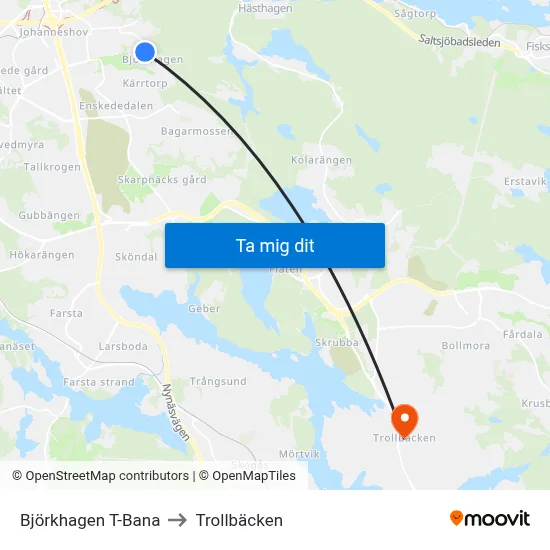 Björkhagen T-Bana to Trollbäcken map