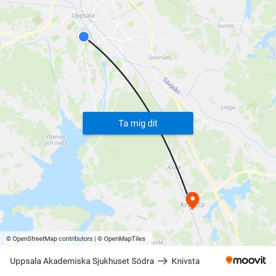 Uppsala Akademiska Sjukhuset Södra to Knivsta map