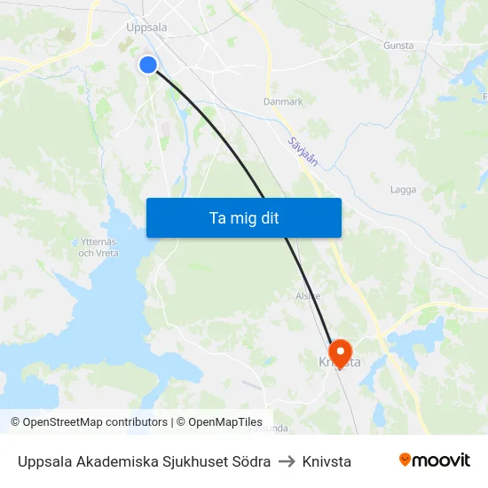 Uppsala Akademiska Sjukhuset Södra to Knivsta map
