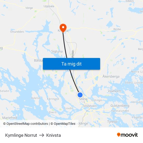 Kymlinge Norrut to Knivsta map