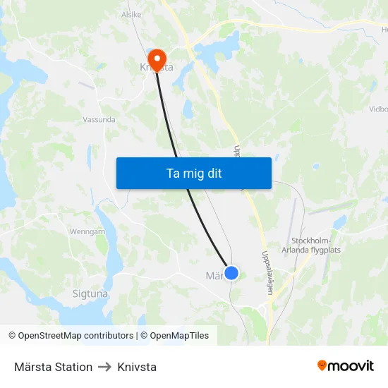 Märsta Station to Knivsta map