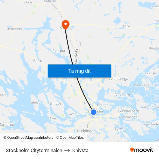 Stockholm Cityterminalen to Knivsta map