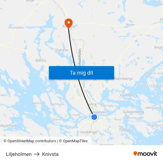Liljeholmen to Knivsta map