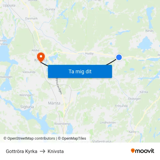 Gottröra Kyrka to Knivsta map