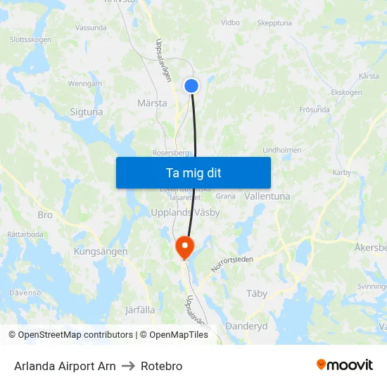 Arlanda Airport Arn to Rotebro map