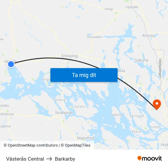 Västerås Central to Barkarby map