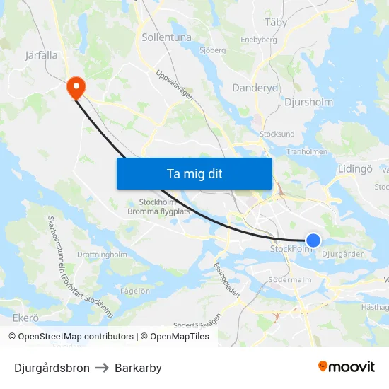 Djurgårdsbron to Barkarby map