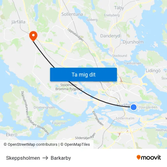 Skeppsholmen to Barkarby map
