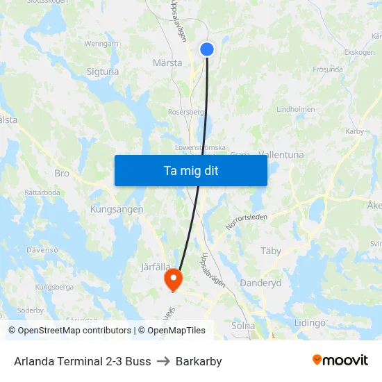 Arlanda Terminal 2-3 Buss to Barkarby map