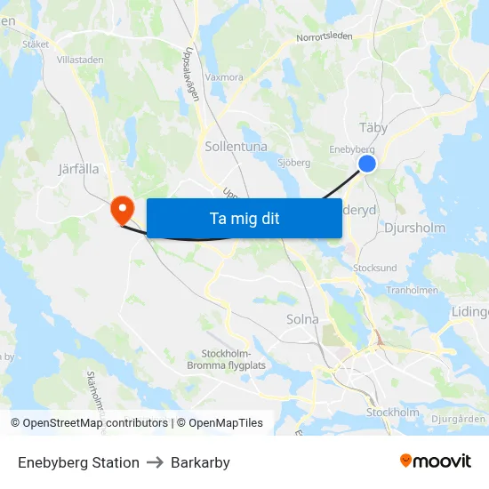Enebyberg Station to Barkarby map